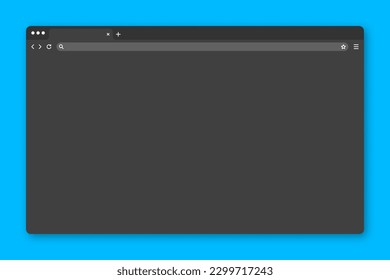 Ventana de navegador web en blanco con pestaña, barra de herramientas y campo de búsqueda. Sitio web moderno, página de internet de estilo plano. Parodia del navegador para computadora, tablet y smartphone. Modo oscuro. Ilustración del vector