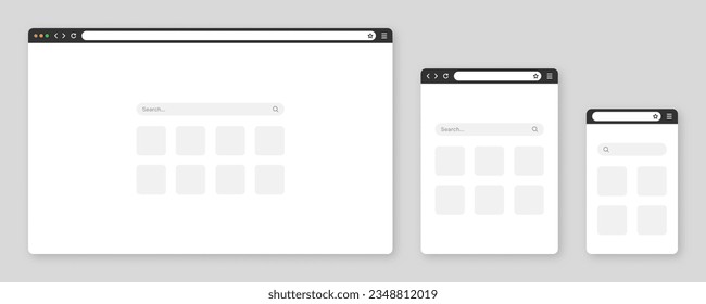 Blank web browser window with tab, toolbar and search field. Modern website, internet page in flat style. Browser mockup for computer, tablet and smartphone. Vector illustration