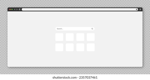 Blank web browser window with tab, toolbar and search field. Modern website, internet page in flat style. Browser mockup for computer, tablet and smartphone. Vector illustration