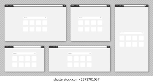 Blank web browser window with tab, toolbar and search field. Modern website, internet page in flat style. Browser mockup for computer, tablet and smartphone. Vector illustration