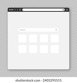 Blank web browser window with tab, toolbar and search field. Modern website, internet page in flat style. Browser mockup for computer, tablet and smartphone. Vector illustration
