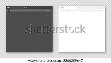 Blank web browser window with tab, toolbar and search field. Modern website, internet page in flat style. Browser mockup for computer, tablet and smartphone. Light and dark mode. Vector illustration