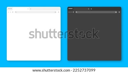 Blank web browser window with tab, toolbar and search field. Modern website, internet page in flat style. Browser mockup for computer, tablet and smartphone. Light and dark mode. Vector illustration