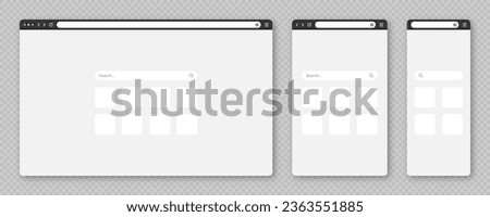 Blank web browser window with tab, toolbar and search field. Modern website, internet page in flat style. Browser mockup for computer, tablet and smartphone. Vector illustration