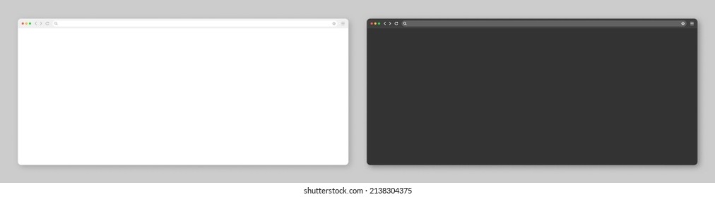 Blank web browser window with toolbar and search field. Modern website, internet page in flat style. Browser mockup for computer, tablet and smartphone. Light and dark mode. Vector illustration