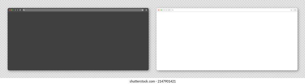 Blank web browser window with toolbar and search field. Modern website, internet page in flat style. Browser mockup for computer, tablet and smartphone. Light and dark mode. Vector illustration