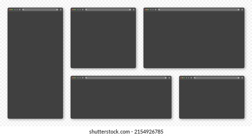 Blank web browser window with toolbar and search field. Modern website, internet page in flat style. Browser mockup for computer, tablet and smartphone. Adaptive UI, dark mode. Vector illustration