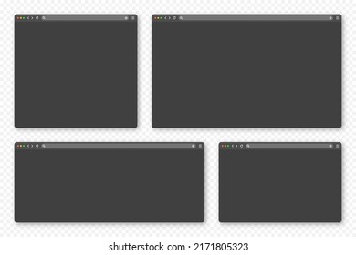 Blank web browser window with toolbar and search field. Modern website, internet page in flat style. Browser mockup for computer, tablet and smartphone. Adaptive UI, dark mode. Vector illustration