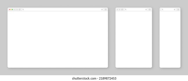 Blank web browser window with toolbar and search field. Modern website, internet page in flat style. Browser mockup for computer, tablet and smartphone. Adaptive user interface. Vector illustration