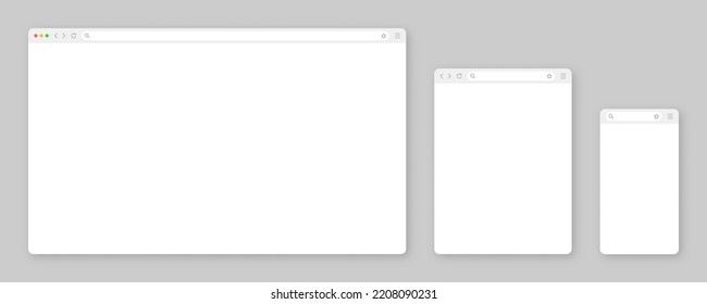 Blank web browser window with toolbar and search field. Modern website, internet page in flat style. Browser mockup for computer, tablet and smartphone. Adaptive user interface. Vector illustration