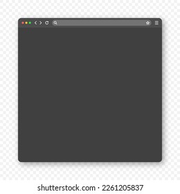 Blank web browser window with toolbar and search field. Modern website, internet page in flat style. Browser mockup for computer, tablet and smartphone. Dark mode. Vector illustration