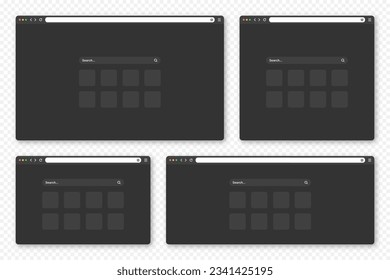 Blank web browser window with toolbar and search field. Modern website, internet page in flat style. Browser mockup for computer, tablet and smartphone. Adaptive UI, dark mode. Vector illustration