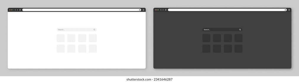 Blank web browser window with toolbar and search field. Modern website, internet page in flat style. Browser mockup for computer, tablet and smartphone. Light and dark mode. Vector illustration