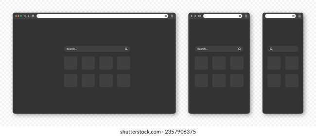 Blank web browser window with toolbar and search field. Modern website, internet page in flat style. Browser mockup for computer, tablet and smartphone. Adaptive UI, dark mode. Vector illustration