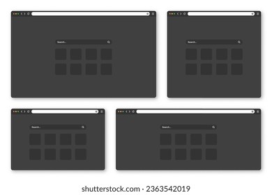Blank web browser window with toolbar and search field. Modern website, internet page in flat style. Browser mockup for computer, tablet and smartphone. Adaptive UI, dark mode. Vector illustration