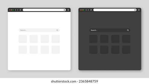 Blank web browser window with toolbar and search field. Modern website, internet page in flat style. Browser mockup for computer, tablet and smartphone. Light and dark mode. Vector illustration