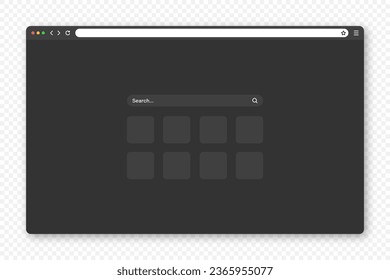 Blank web browser window with toolbar and search field. Modern website, internet page in flat style. Browser mockup for computer, tablet and smartphone. Adaptive UI, dark mode. Vector illustration