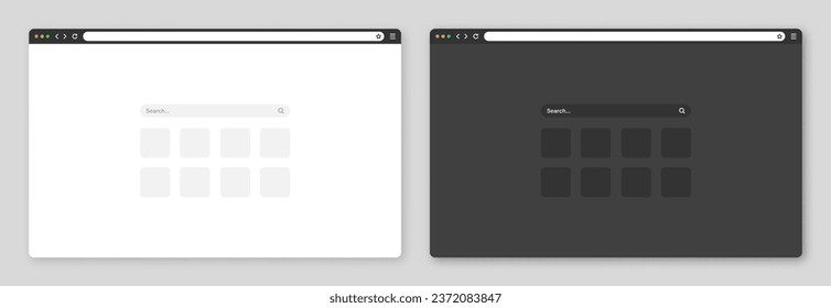 Blank web browser window with toolbar and search field. Modern website, internet page in flat style. Browser mockup for computer, tablet and smartphone. Light and dark mode. Vector illustration