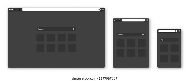 Blank web browser window with toolbar and search field. Modern website, internet page in flat style. Browser mockup for computer, tablet and smartphone. Adaptive UI, dark mode. Vector illustration