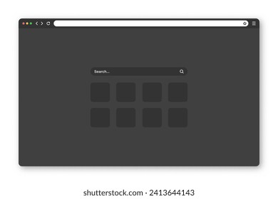 Blank web browser window with toolbar and search field. Modern website, internet page in flat style. Browser mockup for computer, tablet and smartphone. Adaptive UI, dark mode. Vector illustration