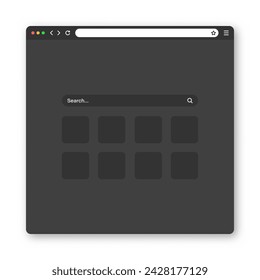 Blank web browser window with toolbar and search field. Modern website, internet page in flat style. Browser mockup for computer, tablet and smartphone. Adaptive UI, dark mode. Vector illustration