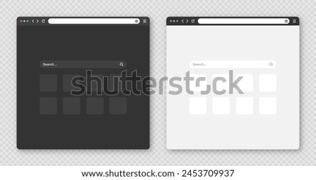 Blank web browser window with toolbar and search field. Modern website, internet page in flat style. Browser mockup for computer, tablet and smartphone. Light and dark mode. Vector illustration