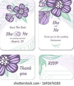 blank for wedding invitations on a white background, lace pattern of purple flowers, decorative wedding cards, a set of cards for the celebration, themes for wedding posters