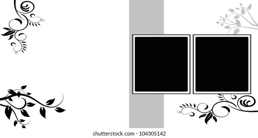 Blank wedding photo frame. Floral card. Black and white. Black and white wedding template