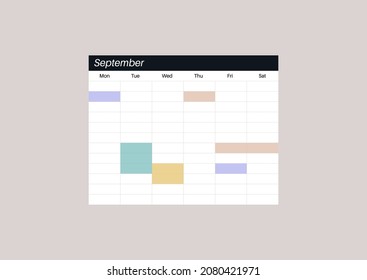 Blank weekly calendar with color fields, daily planner