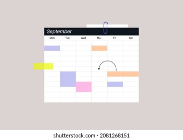 Blank weekly calendar with color fields and stickers, daily planner