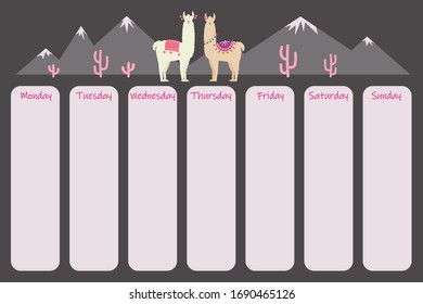 Blank weekly calendar. Weekly planner template. Organizer with llamas, mountains and cacti. Vector illustration