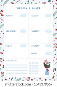 Blank weekly planner vector template. Empty winter themed personal organizer. Timetable with decorative frame.  Traditional Christmas symbolic tree leaves, berries, bouquet  illustration with text 