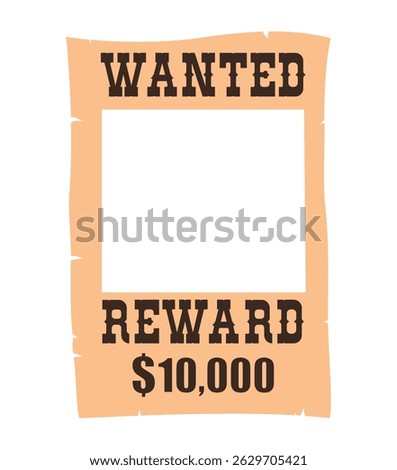 Blank Western wanted poster template with reward text offering $10000. Clipart image.
