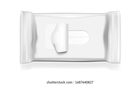 Blank Wet Wipes Realistic Flow Pack. Top View. Packaging Isolated On White Background. EPS10 Vector
