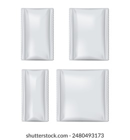 Blank white 2 side seal sachet pouch. Realistic vector mockup set. Plastic, paper or foil bag. Mock-up kit. Food, medical or beauty product individual package. Template collection