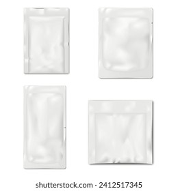 Blank white 3 and 4 side seal sachet packet. Vector mock-up set. Plastic, paper or foil pouch bag template. Food, medical or beauty product individual package kit mockup