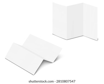 Blank white 3 panel 6 page zig zag concertina fold card. Realistic vector mockup. Accordion fold brochure, booklet, leaflet, flyer. 3d mock-up. Z folded paper sheet. Template for design