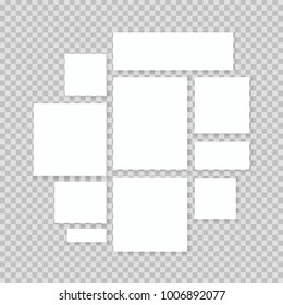Blank white 3d paper canvas or photo frames in transparent background.Presentation photography portfolio, illustration of creative portfolio exhibition. Vector posters mockups.