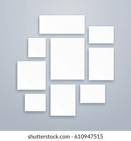 Blank white 3d paper canvas or photo frames. Vector posters mockups. Presentation photography portfolio, illustration of creativity portfolio exhibition.