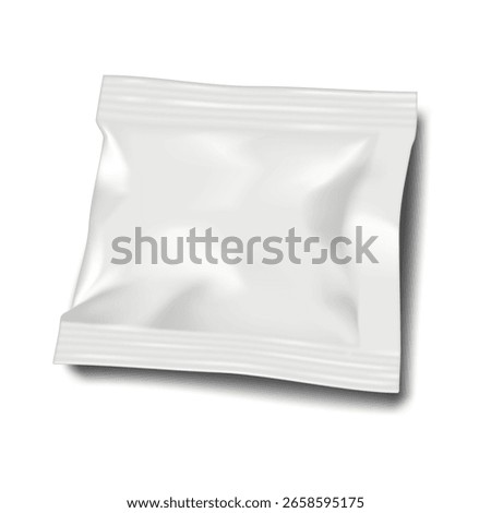 Blank white 3-side seal square sachet pouch. Realistic vector mockup. Plastic bag. 3d mock-up. Food, medical product single dose, cosmetic sample individual flat packet package. Template for design