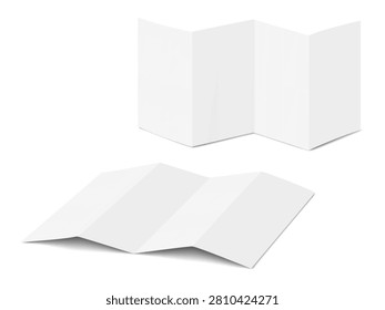 Blank white 4 panel 8 page zig zag concertina fold card. Realistic vector mockup. Open accordion fold brochure, booklet, leaflet, flyer. 3d mock-up. Z folded paper sheet. Template for design