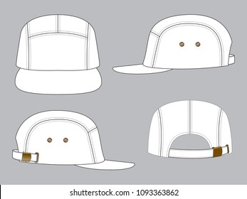 Blank White 5 Panels Baseball Cap With Eyelets and Adjustable Brass Metal Slide Buckle Strap Template On Gray Background, Vector File