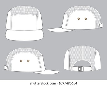 Blank white 5 panels baseball cap with mesh and adjustable buckle closure strap on gray background, vector file.