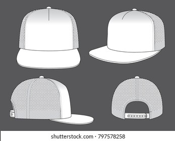 Blank white 5-panels hip hop cap with mesh back, adjustable snap back closure strap template on gray background, vector file.