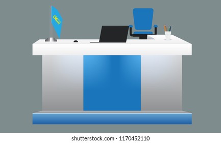 Blank White angular reception or exhibition table desk mockup. Flag notebook and pens on table. High detailed 3d Illustration vector.