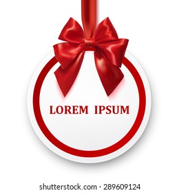 Blank white badge with a red silk ribbon and red bow on a white background. Vector illustration