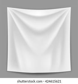 Blank White Banner Hanging On The Grey Wall Vector Template. Advertising Banner Or Announcement Banner Mockup. Gradient Mesh Used.