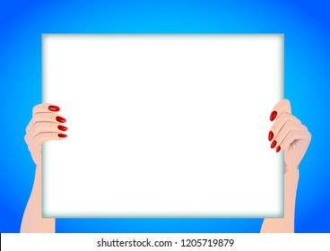 blank white banner in his hands. Vector Illustration