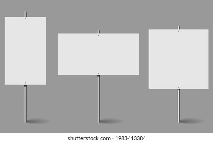 Blank white banner mockup set on metal stick. Protest poster, advertisement with metal holder. Protest sign isolated on white
