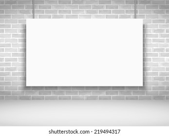 Blank white banner on brick wall, vector eps10 illustration